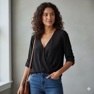 NWOT Lush Sheer Black 3/4 Sleeve High-Low Wrap Style Blouse Size Medium